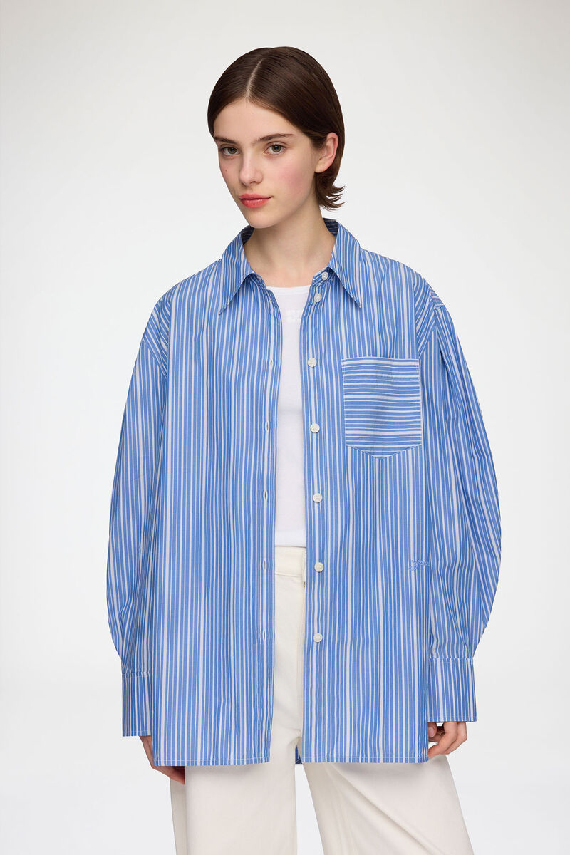 Shirt in Striped Cotton, Organic Cotton, in colour Nouvean Navy - 1 - GANNI