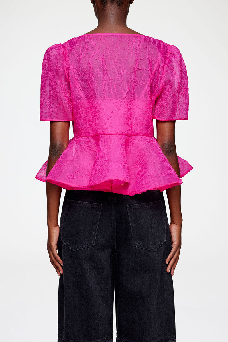 Peplumbluse aus Shibori-Organza, Recycled Polyester, in colour Raspberry Rose - 3 - GANNI