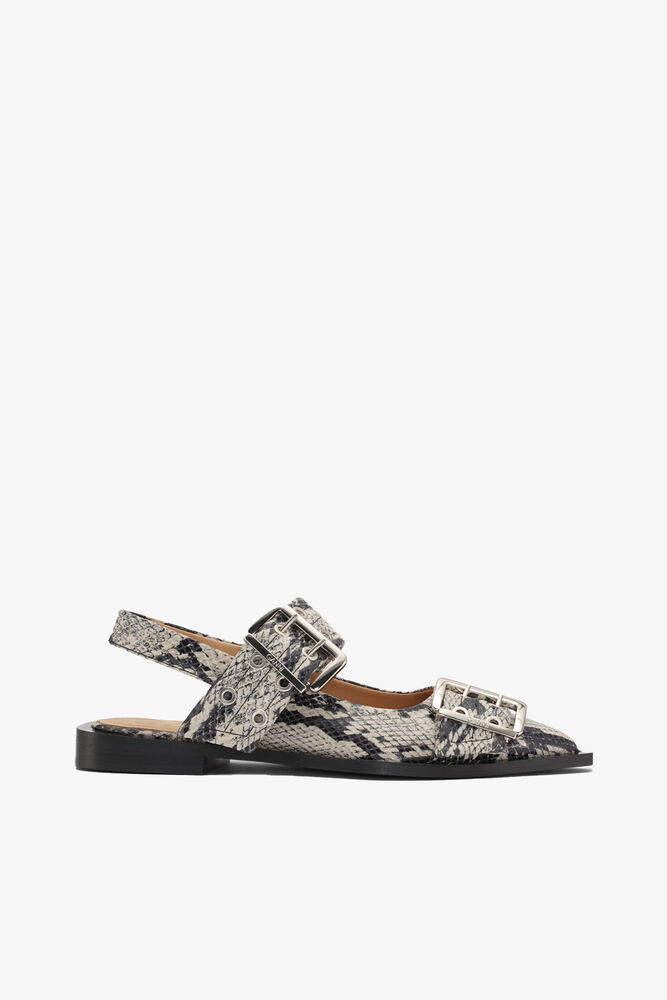 Snake Printed Chunky Buckle Ballerinas, Sand
