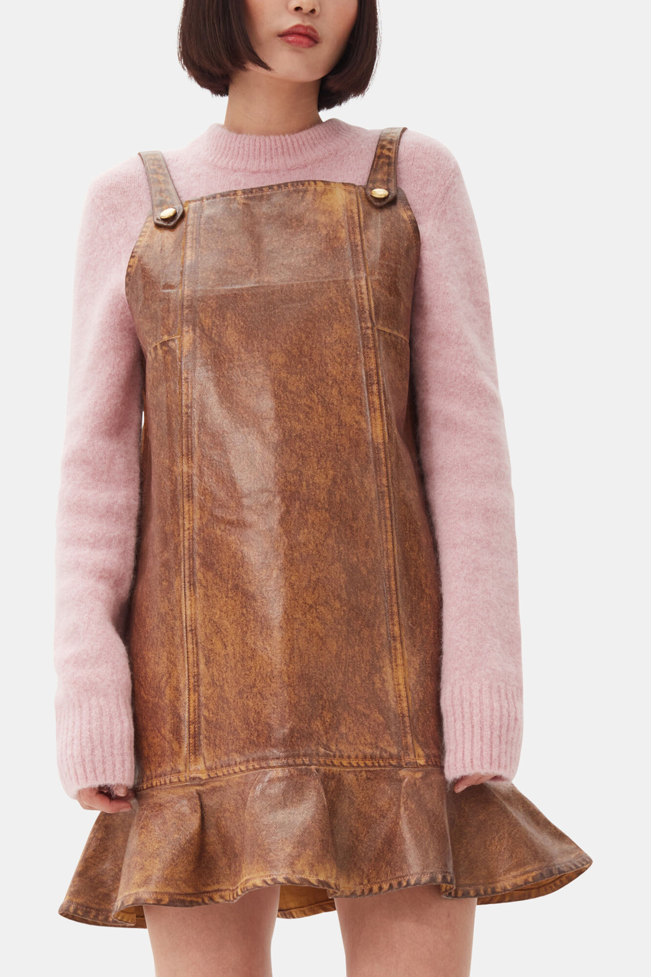 Braunes Denim-Mini-Kleid mit Folien-Finish, Organic Cotton, in colour Cognac - 2 - GANNI