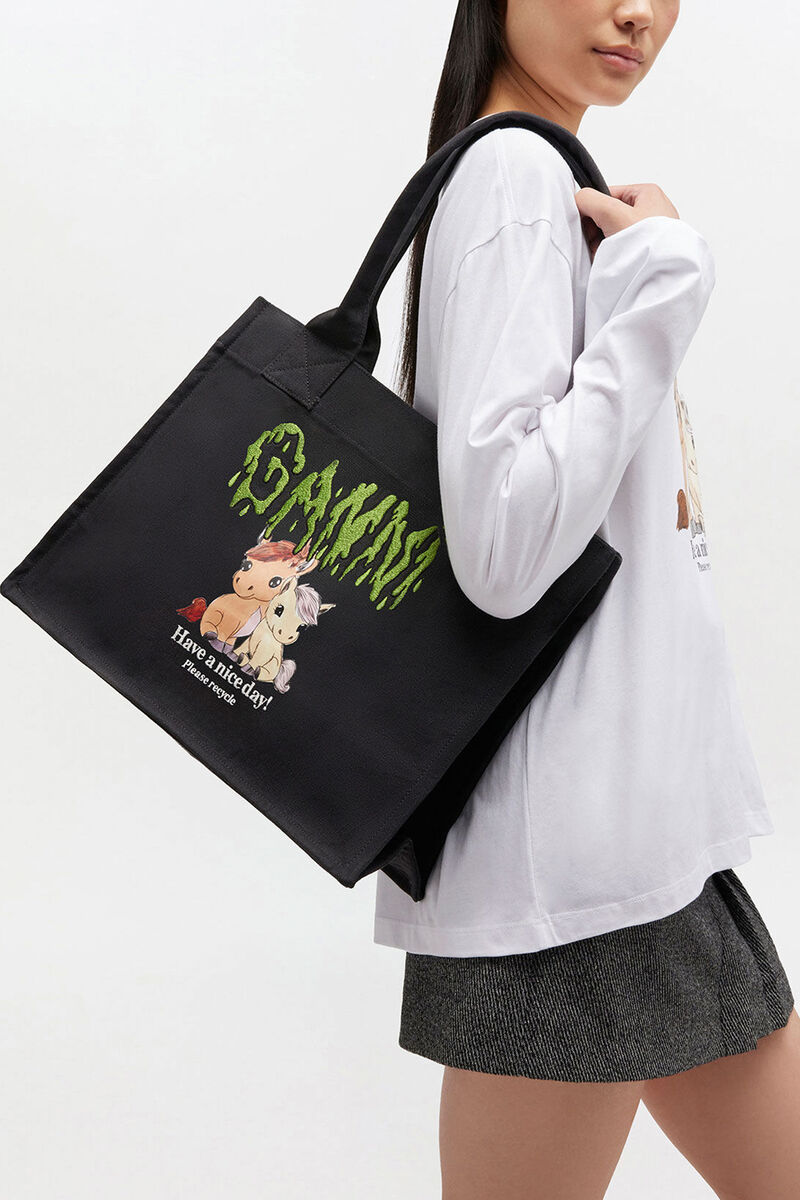 Pony Printed Large Tote, Recycled Cotton, in colour Phantom - 1 - GANNI