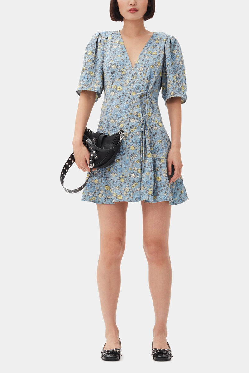 Blue Floral Printed Crinkled Satin Mini Wrap Dress, Recycled Polyester, in colour Dusty Blue - 1 - GANNI