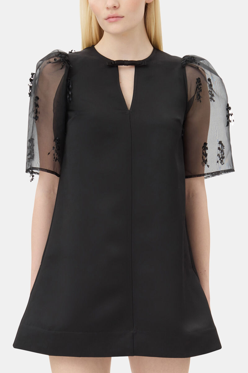Mini-robe en organza &agrave; franges noire, Recycled Polyester, in colour Black - 2 - GANNI