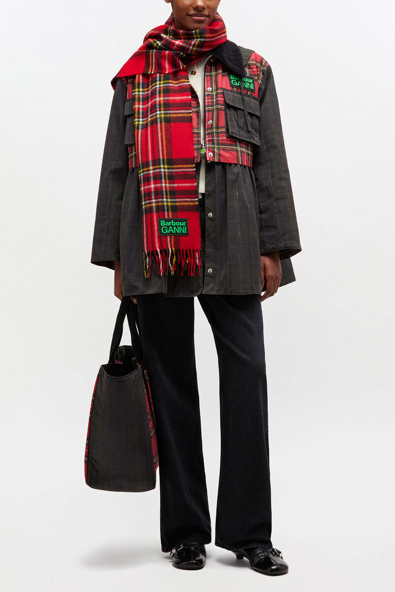 Peplum Wax Jacket in Tartan, Cotton, in colour Dark Green - 1 - GANNI