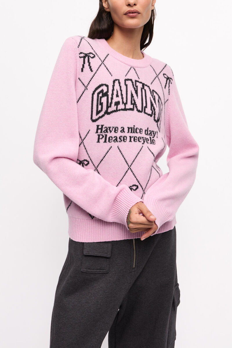 Pink Graphic Bow Sweater, Wool, in colour Mauve Chalk - 1 - GANNI
