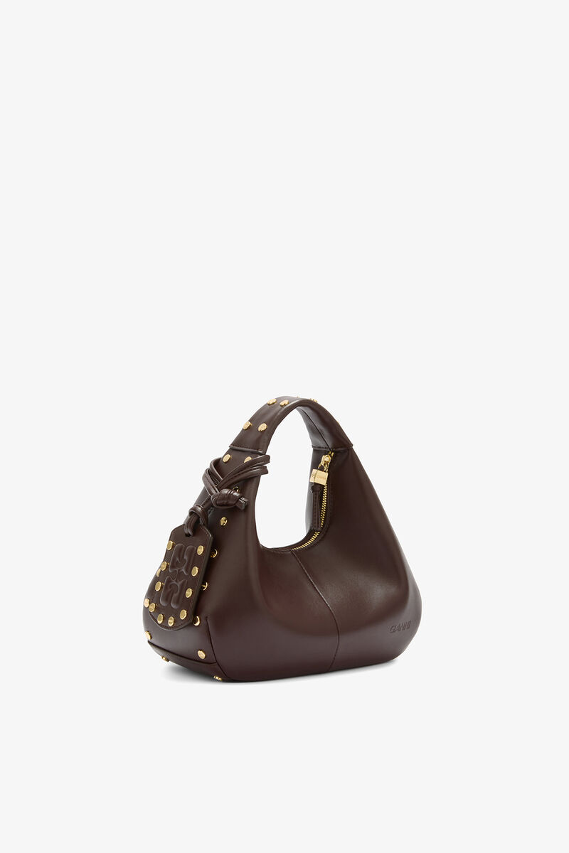 Mini Hobo Bag Studs in Brown, Recycled Leather, in colour Chicory Coffee - 2 - GANNI
