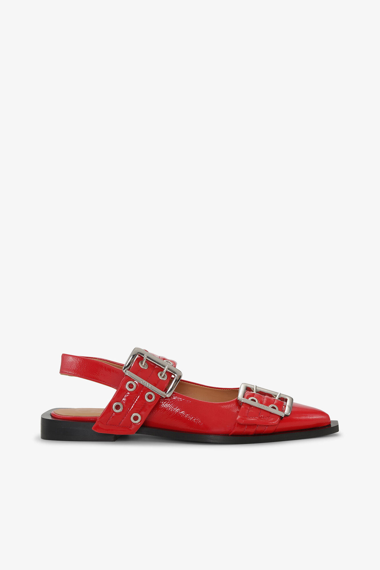 Red Feminine Buckle Ballerinas, Polyurethane, in colour Racing Red - 1 - GANNI