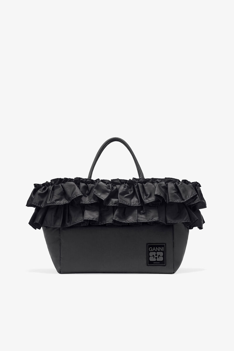 Black XXL Ruffle Tote, Recycled Nylon, in colour Black - 1 - GANNI