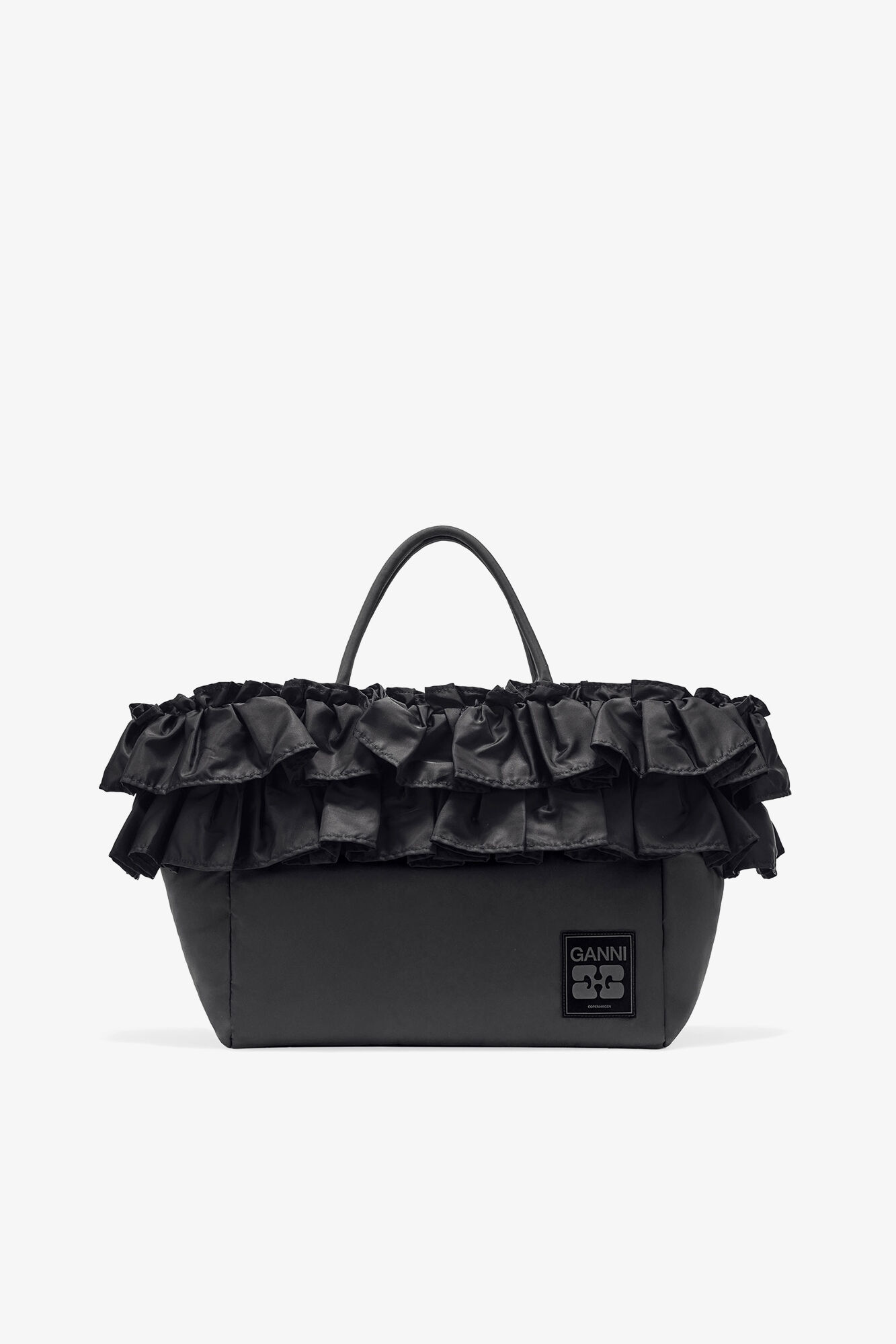Black XXL Ruffle Tote, Recycled Nylon, in colour Black - 1 - GANNI