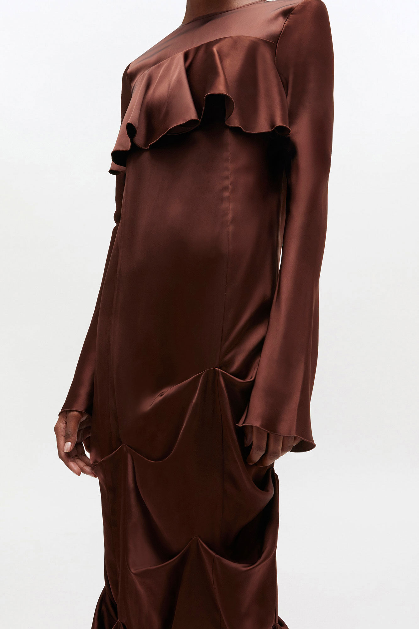 Brown Ruffle Dress, Viscose, in colour Chicory Coffee - 1 - GANNI