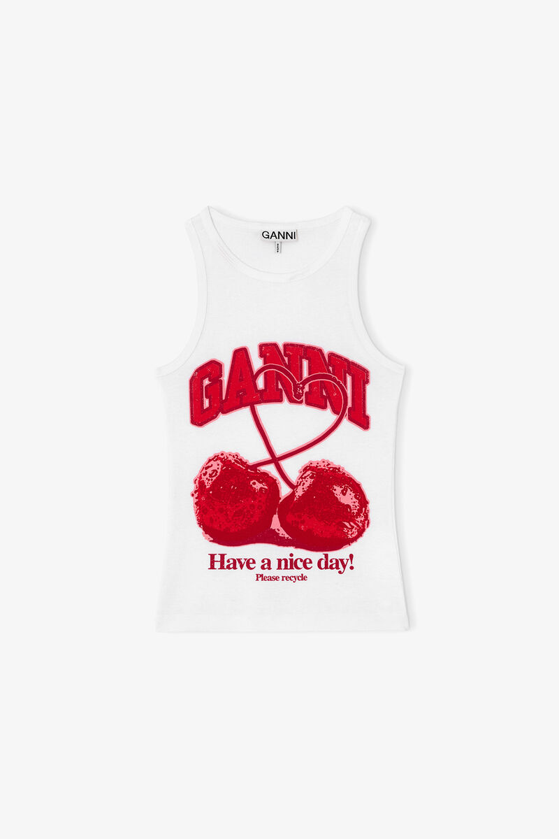 Tanktop mit Kirschmuster, Organic Cotton, in colour Bright White - 1 - GANNI