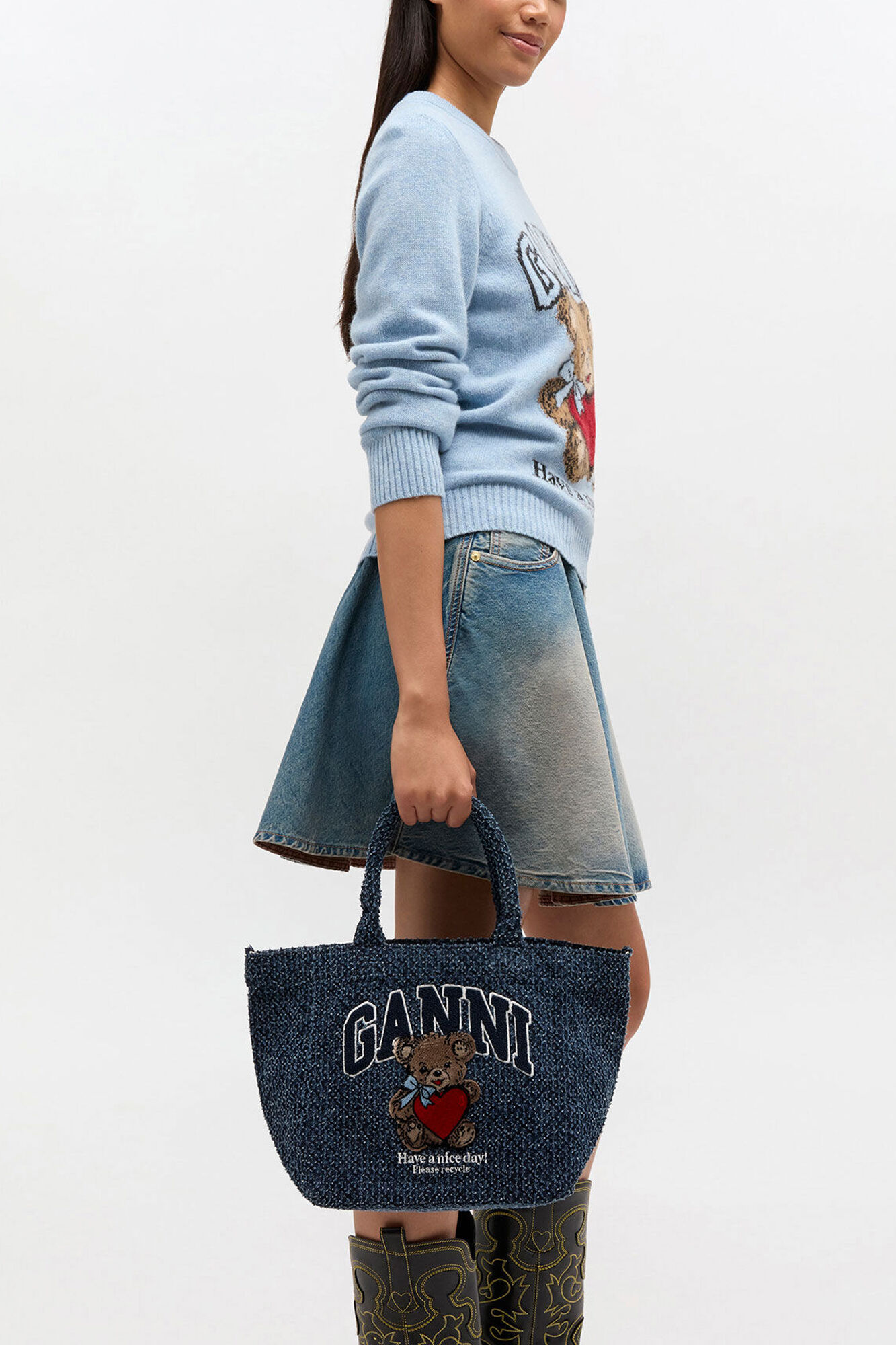 Tweed Denim Small Bear Tote, Organic Cotton, in colour Rinse - 1 - GANNI