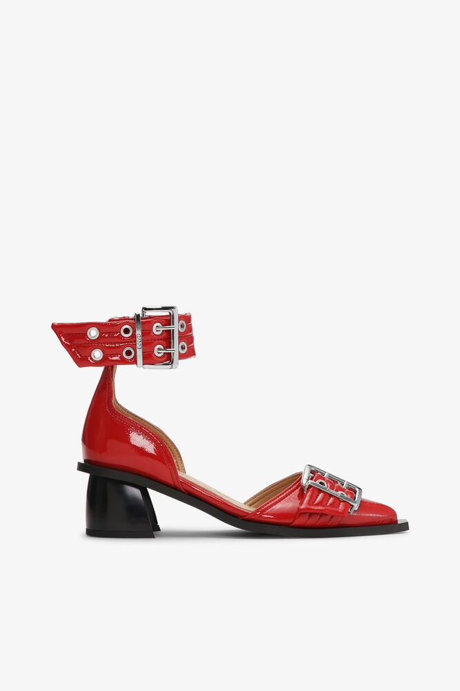 Red Feminine Buckle Open Cut Pumps, Racing Red