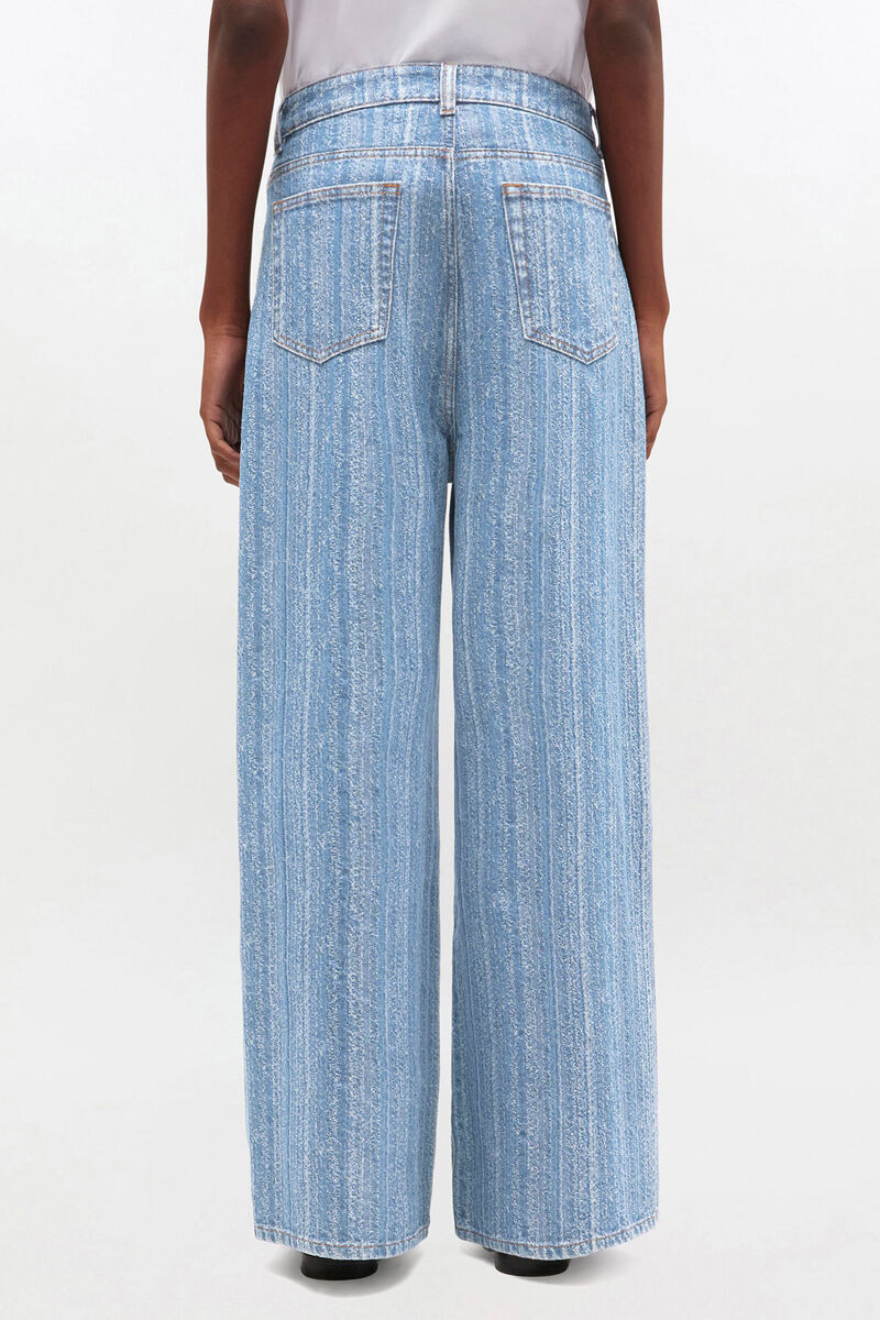 Baggy Jeans in Striped Denim, Organic Cotton, in colour Mid Blue Stone - 2 - GANNI