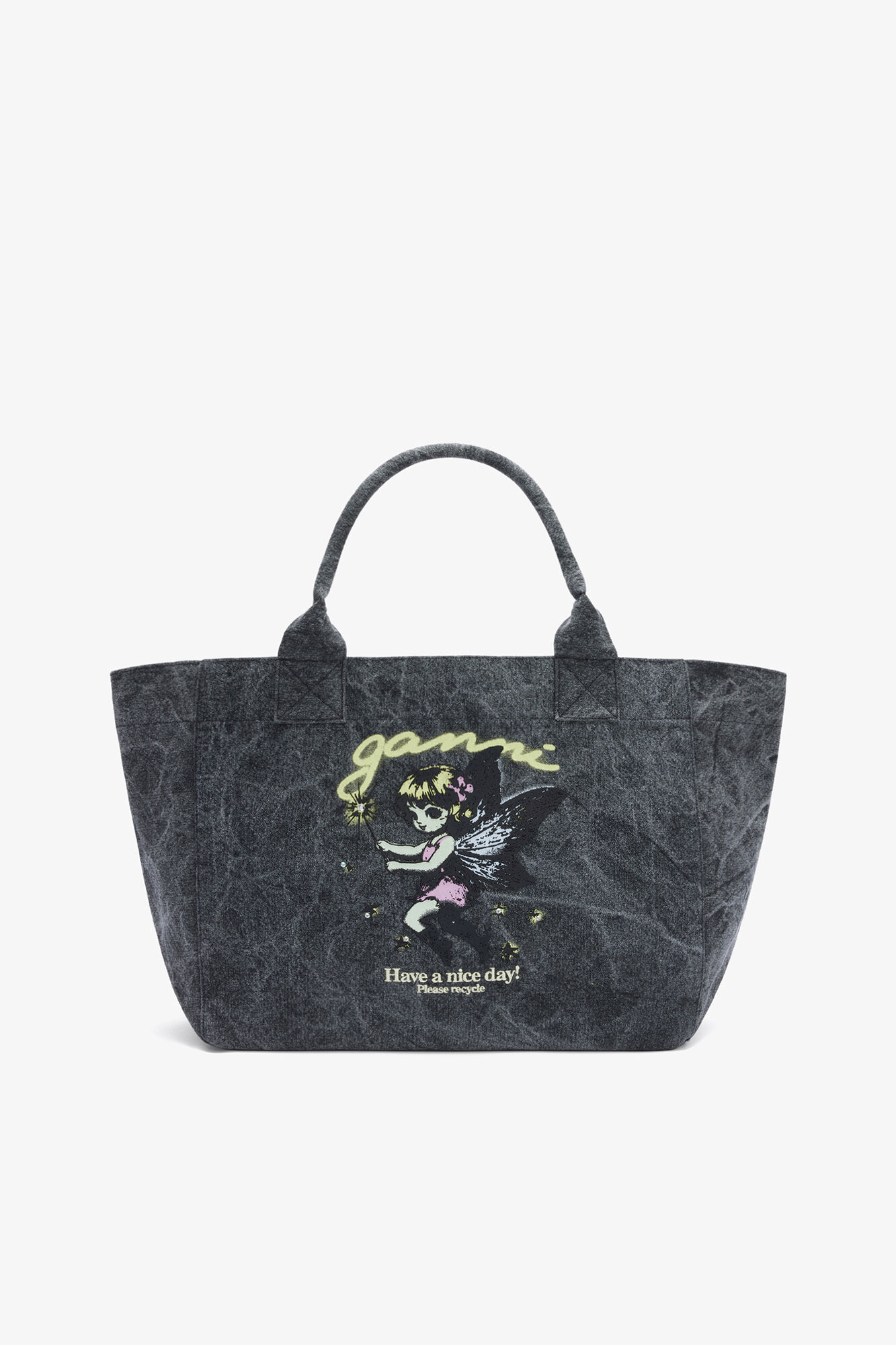 Medium Tote Bag in Black, Recycled Cotton, in colour Black Oyster - 1 - GANNI