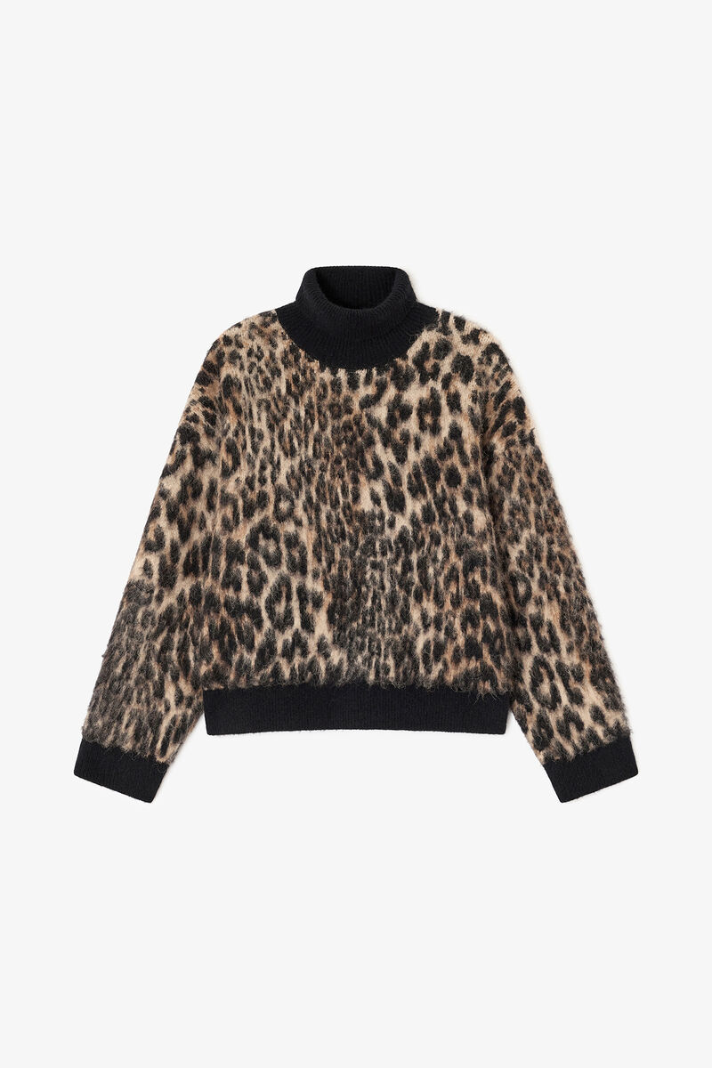 Leopard High-neck Jumper, Alpaca, in colour Leopard - 1 - GANNI