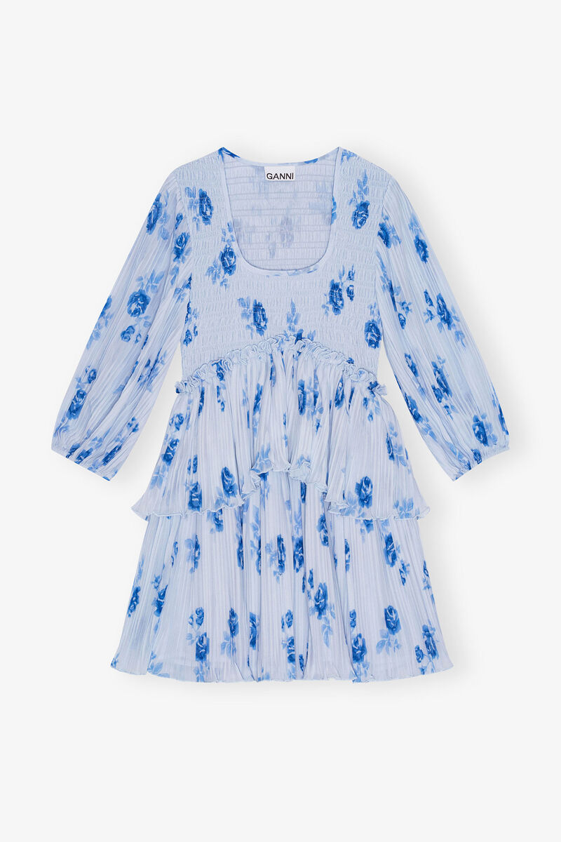 Blue Pleated Georgette Flounce Smock Mini Dress, Recycled Polyester, in colour Heather - 1 - GANNI