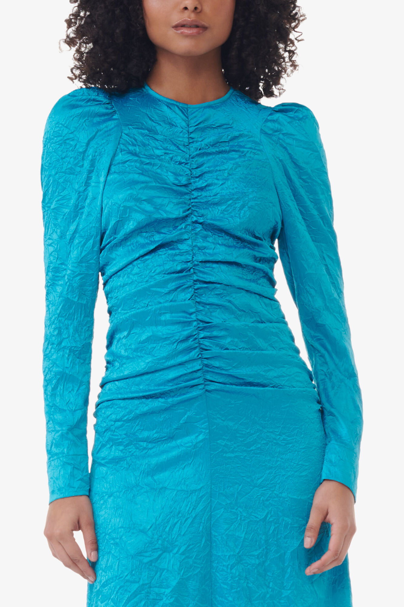 Blue Crinkled Satin O-Neck Midi Dress, Recycled Polyester, in colour Algiers Blue - 4 - GANNI