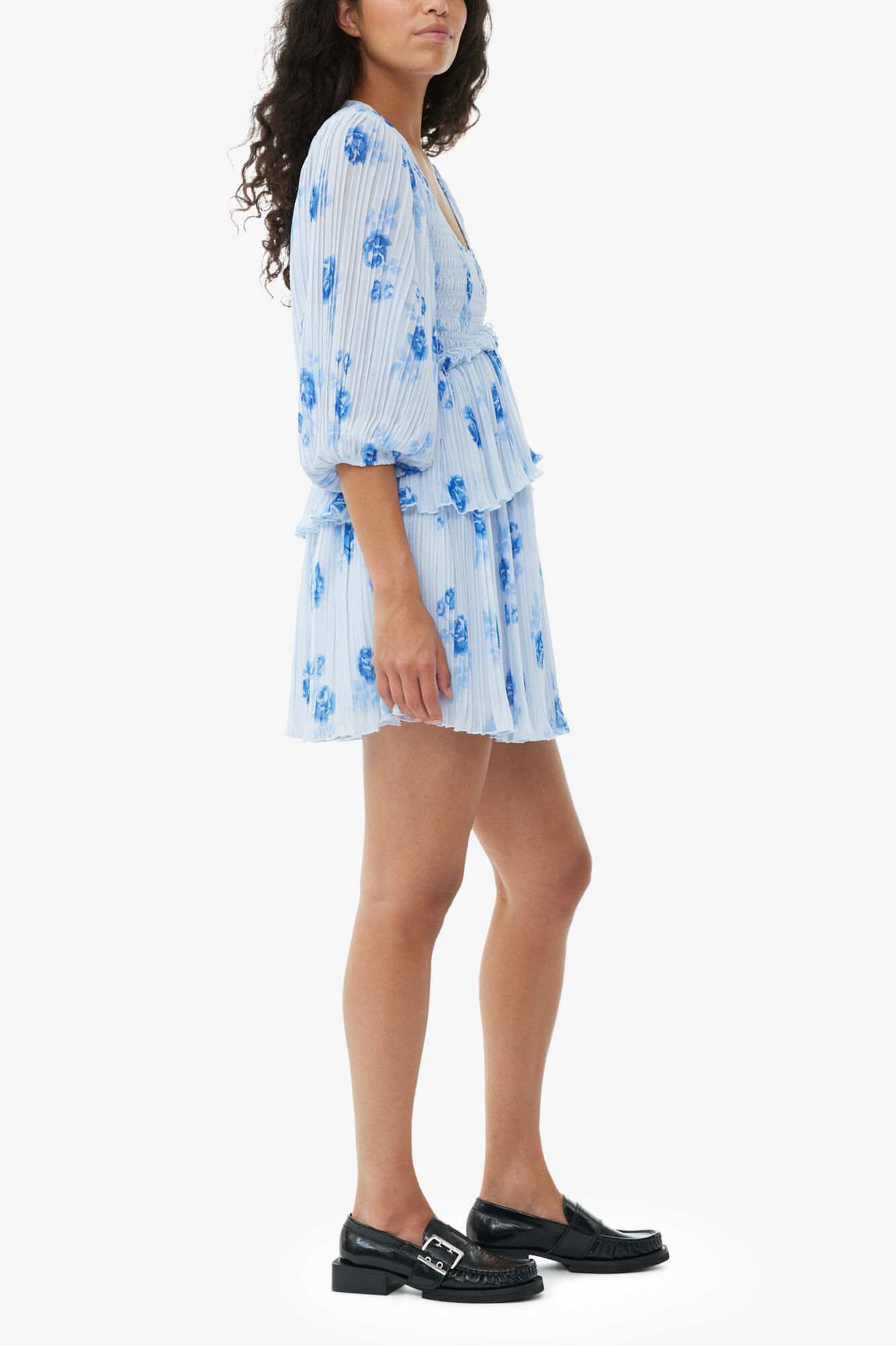 Blue Pleated Georgette Flounce Smock Mini Dress, Recycled Polyester, in colour Heather - 3 - GANNI