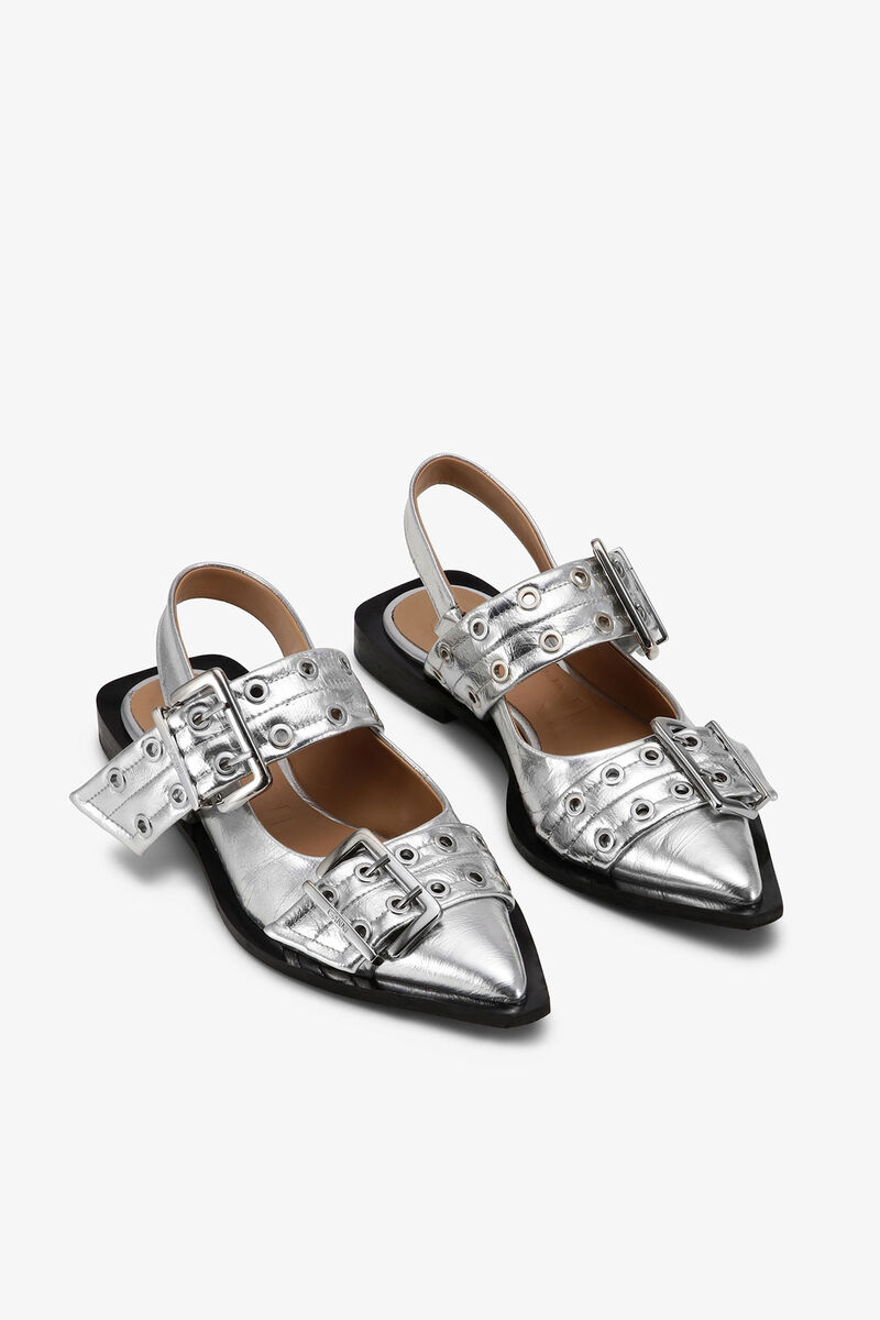 Feminine Buckle Ballerinas in Silver, Recycled Polyester, in colour Silver - 2 - GANNI