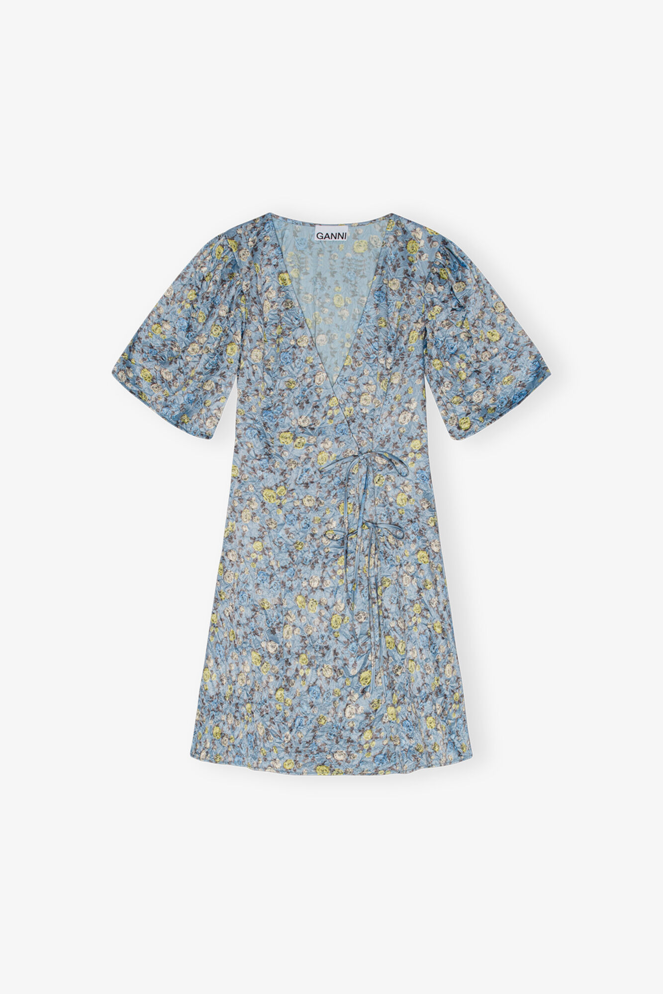 Blue Floral Printed Crinkled Satin Mini Wrap Dress, Recycled Polyester, in colour Dusty Blue - 1 - GANNI
