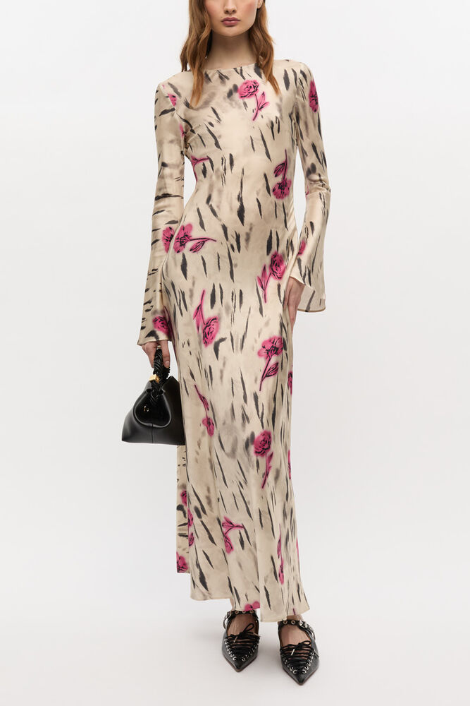 Floral Satin Maxi Dress, Egret