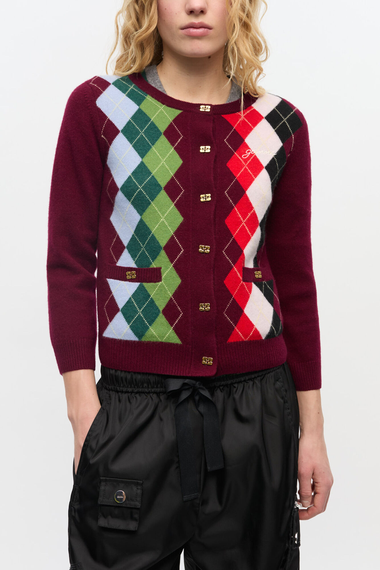 Burgundy Check Cardigan, Merino Wool, in colour Tawny Port - 1 - GANNI