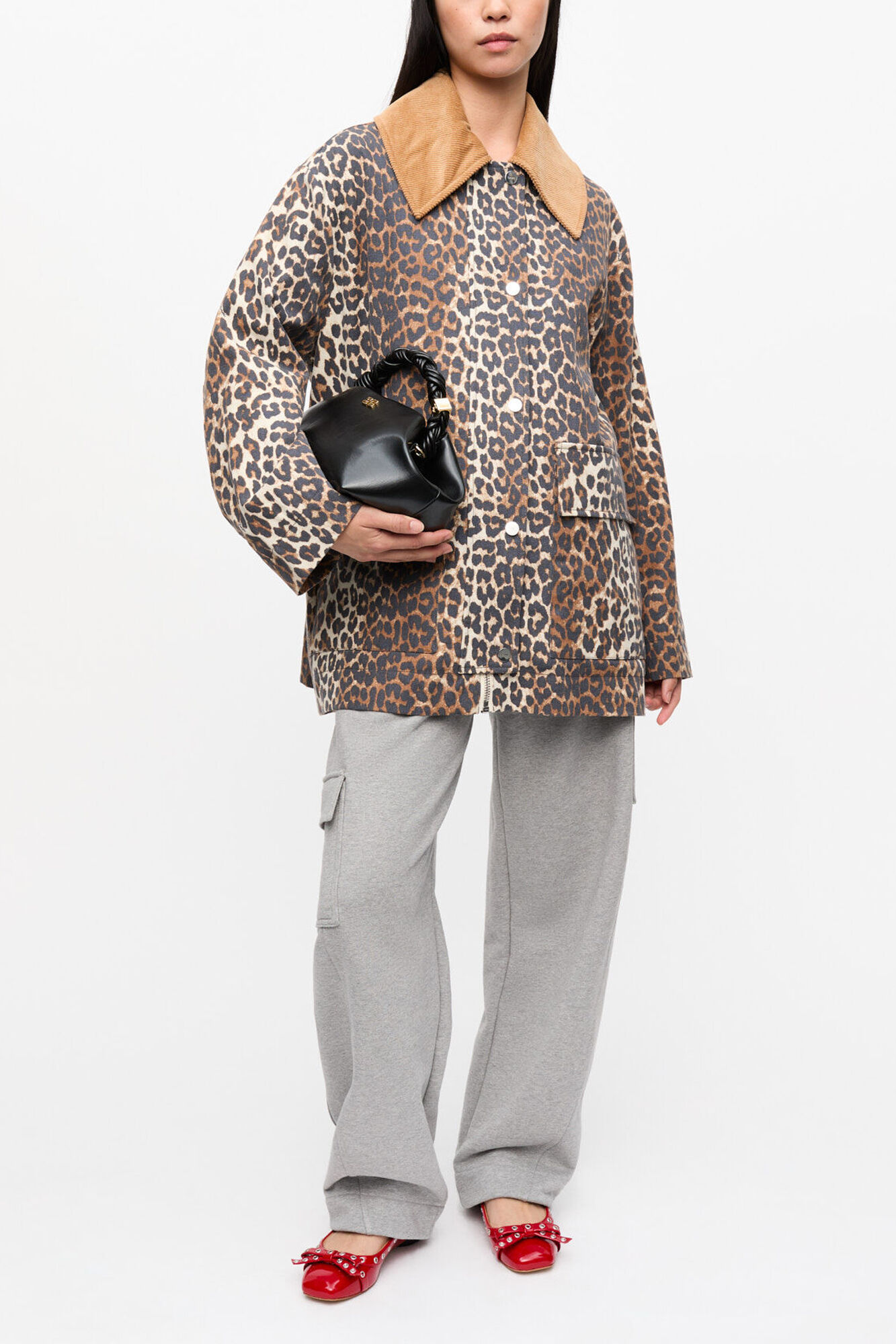 Leopard Printed Canvas Midi Jacket, Organic Cotton, in colour Almond Milk - 1 - GANNI