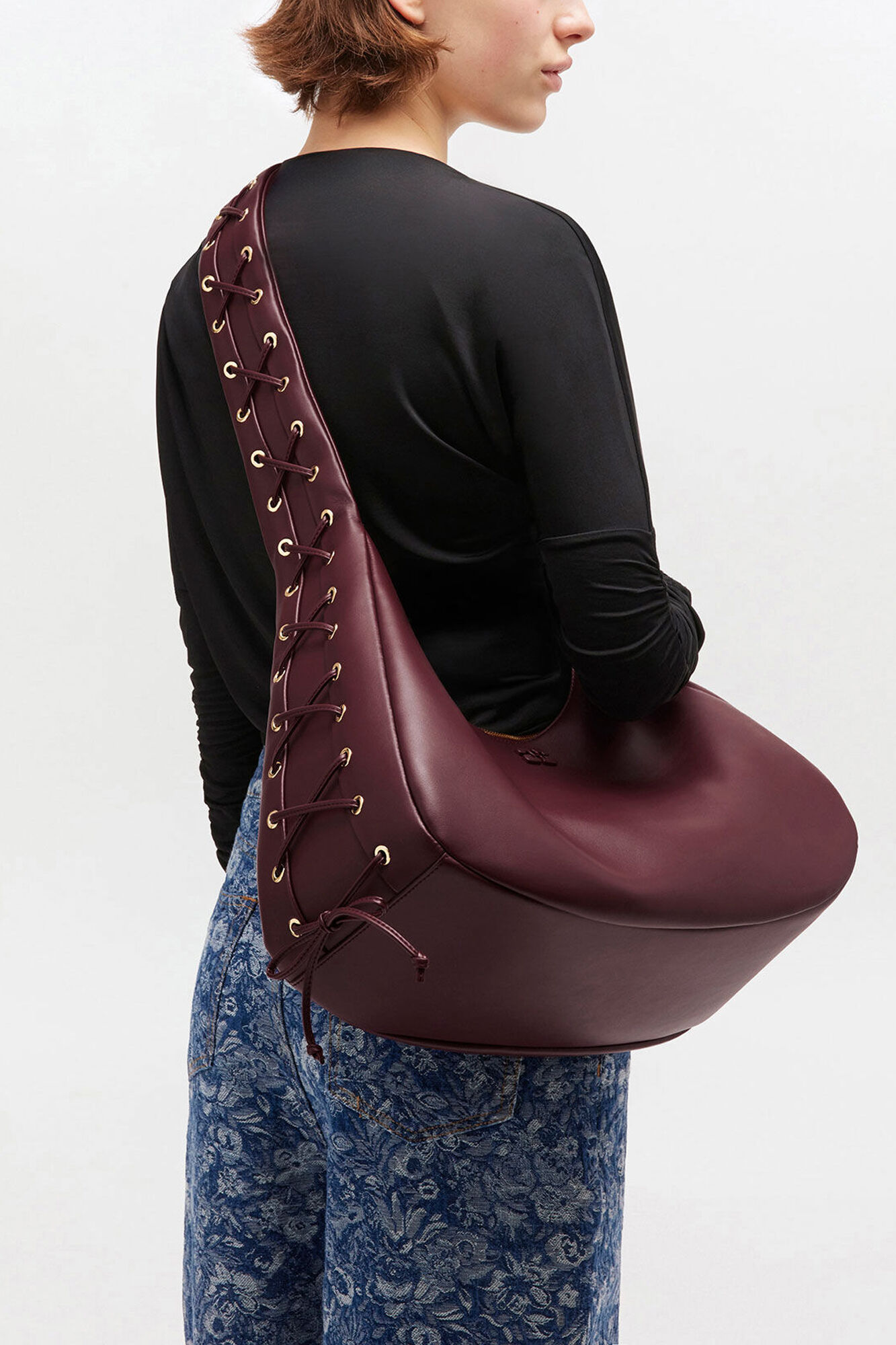 Burgundy Medium Laces Hobo Bag, Recycled Leather, in colour Burgundy - 1 - GANNI