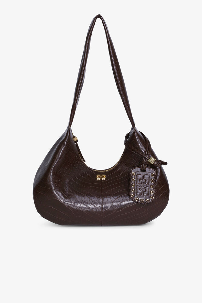 Brown Croco Medium Hobo Bag, Chocolate Fondant