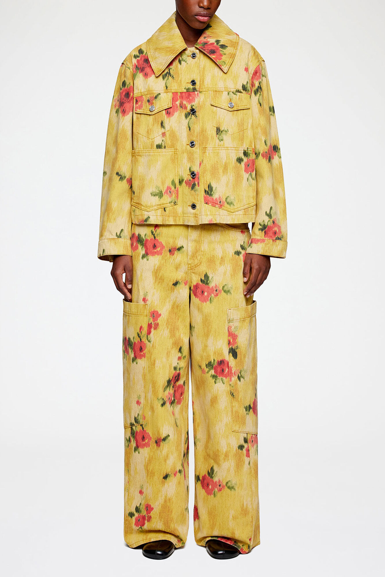 Jacket in Printed Denim, Organic Cotton, in colour Vibrant Yellow - 1 - GANNI