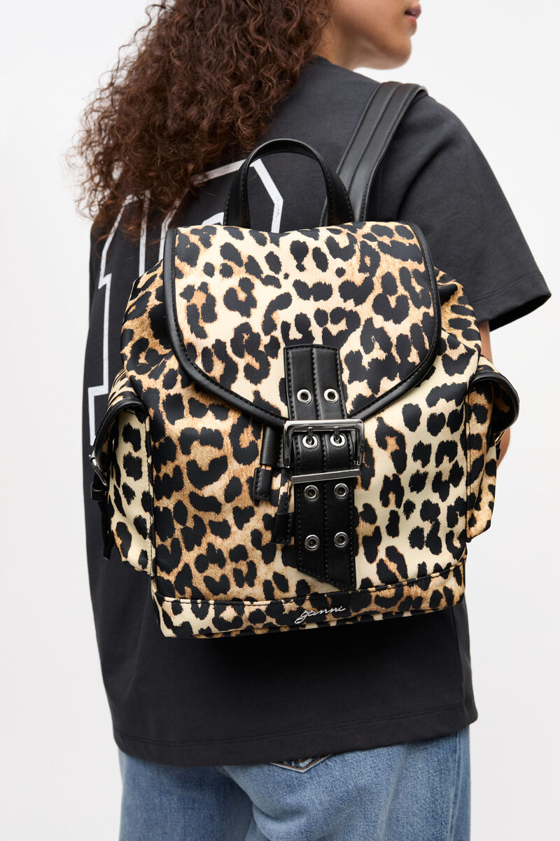 Leopard Small Nylon Bucky Backpack, Recycled Nylon, in colour Leopard - 1 - GANNI