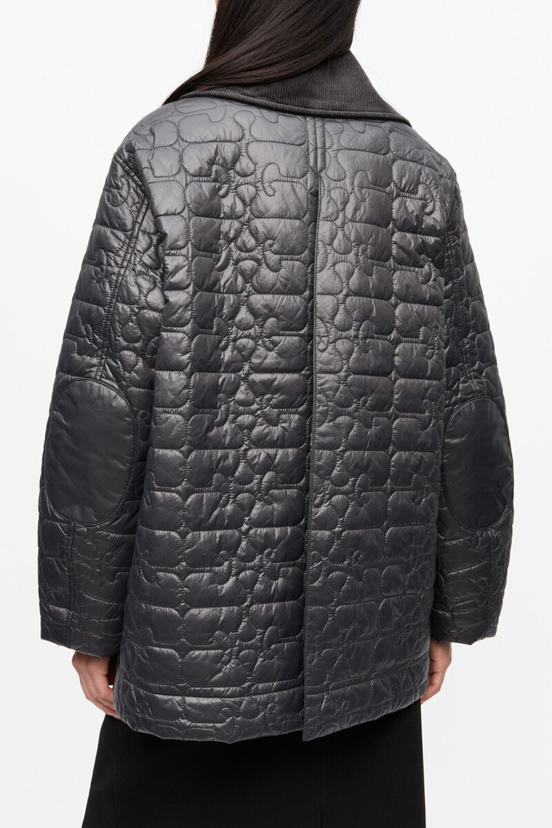 Veste midi matelass&eacute;e noir brillant, Recycled Nylon, in colour Phantom - 3 - GANNI