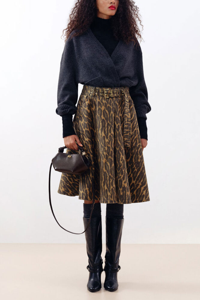 Leopard Denim Wrap Skirt, Khaki