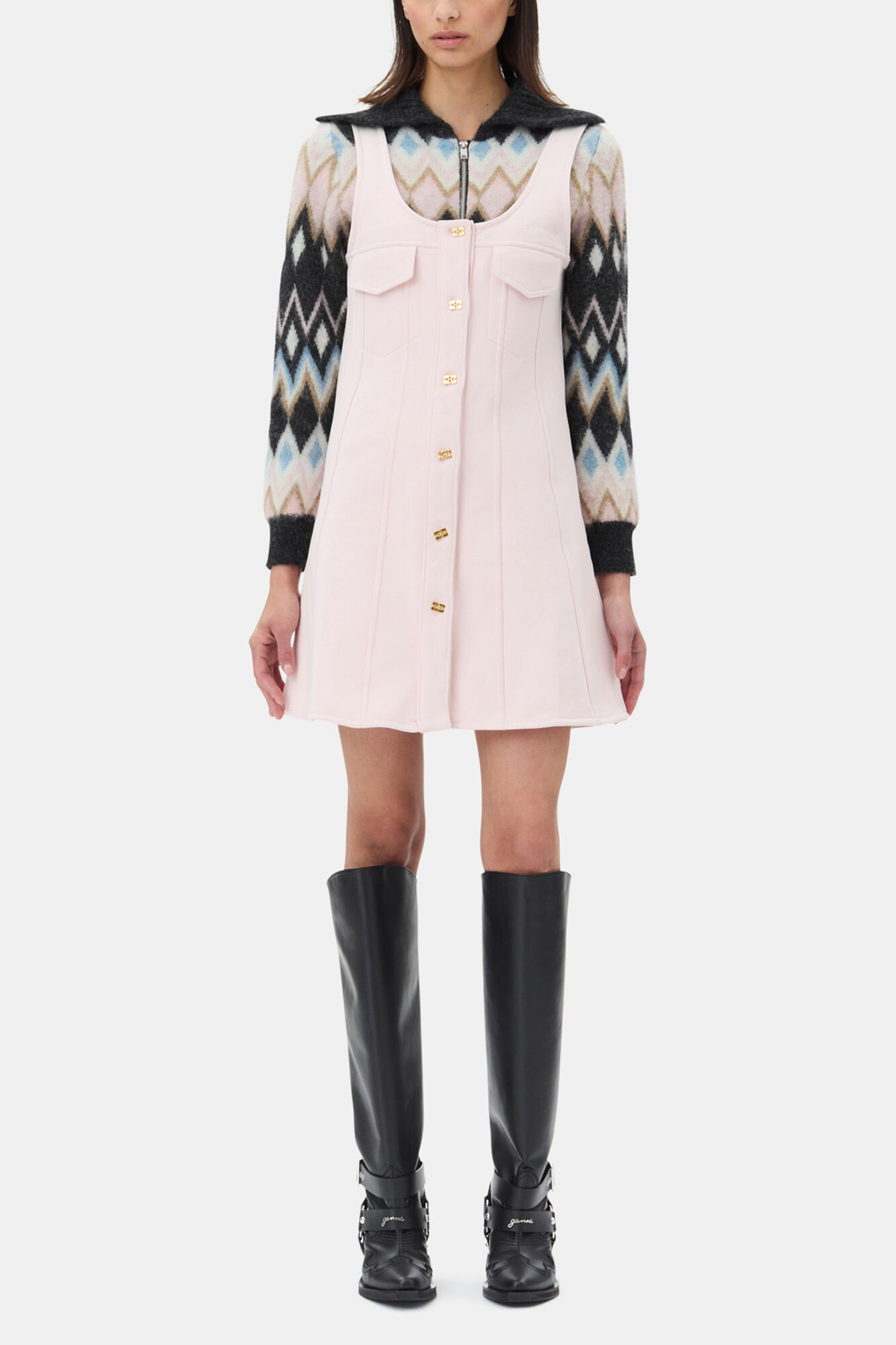 Pink Mini Dress, Organic Cotton, in colour Chalk Pink - 1 - GANNI