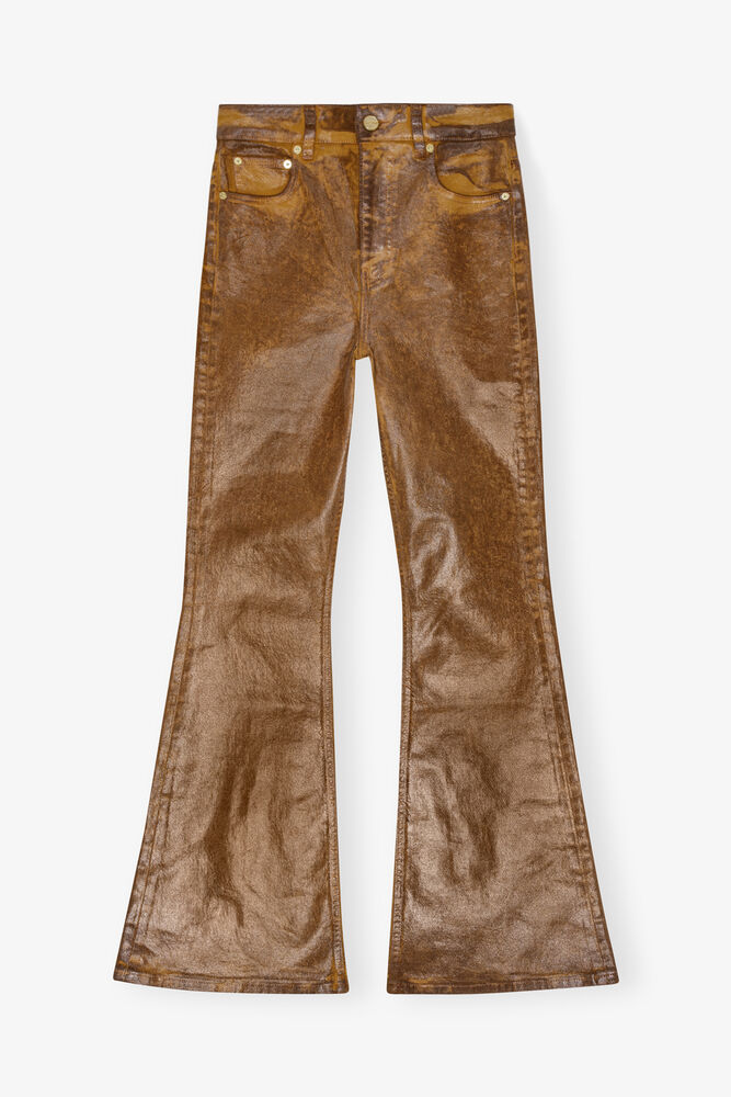 Flared Jeans in Brown Foil Denim, Cognac