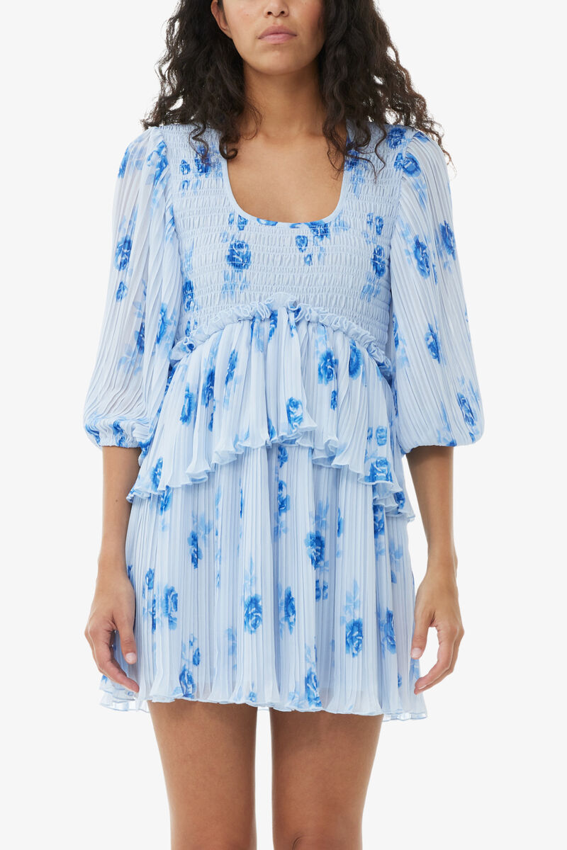 Blue Pleated Georgette Flounce Smock Mini Dress, Recycled Polyester, in colour Heather - 2 - GANNI