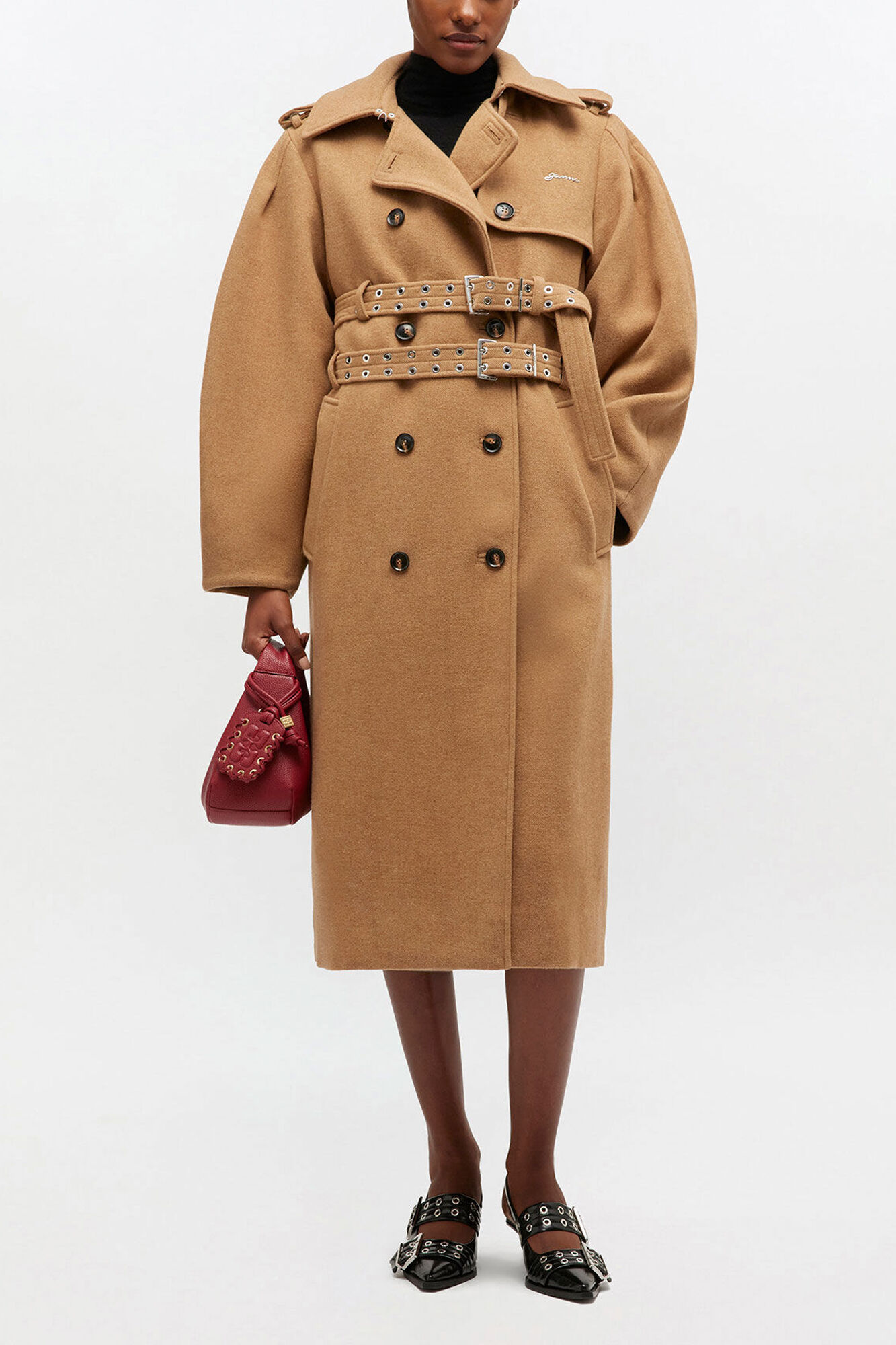 Woll-Trenchcoat, Wool, in colour Tiger's Eye - 1 - GANNI