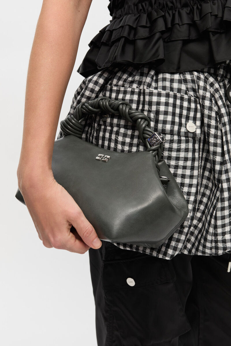 Dark Grey Small Bou Bag, Recycled Leather, in colour Steal Grey - 2 - GANNI