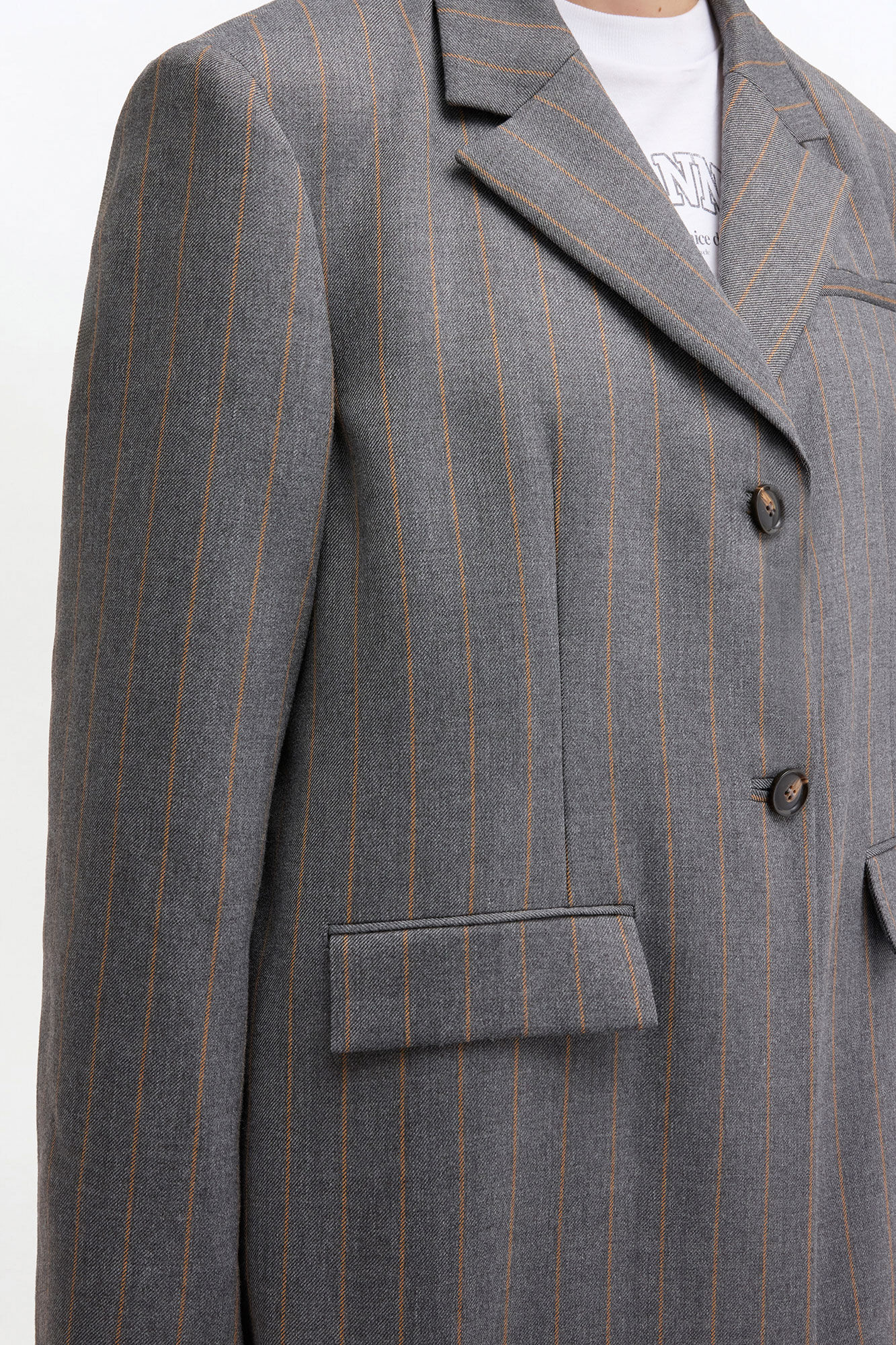 Grey Stripe Wool Blazer, Wool, in colour Pewter Melange - 3 - GANNI