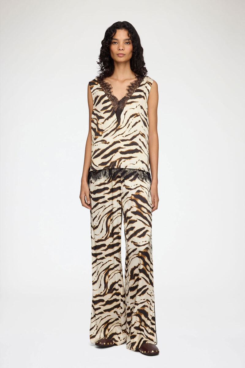 Trousers in Zebra Satin, Viscose, in colour Egret - 1 - GANNI