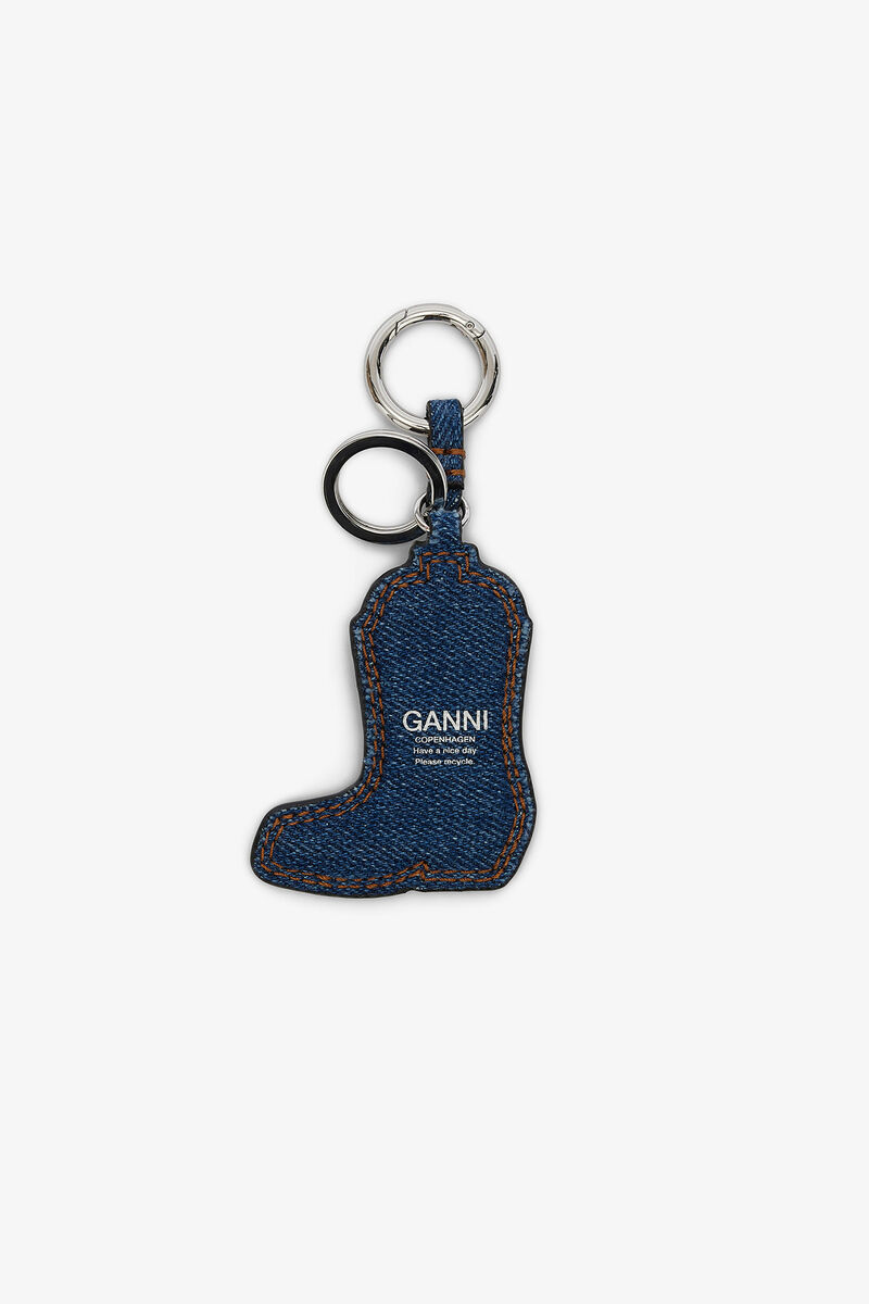 Western Boot Keyring in Denim, Recycled Cotton, in colour Navy Peony - 2 - GANNI