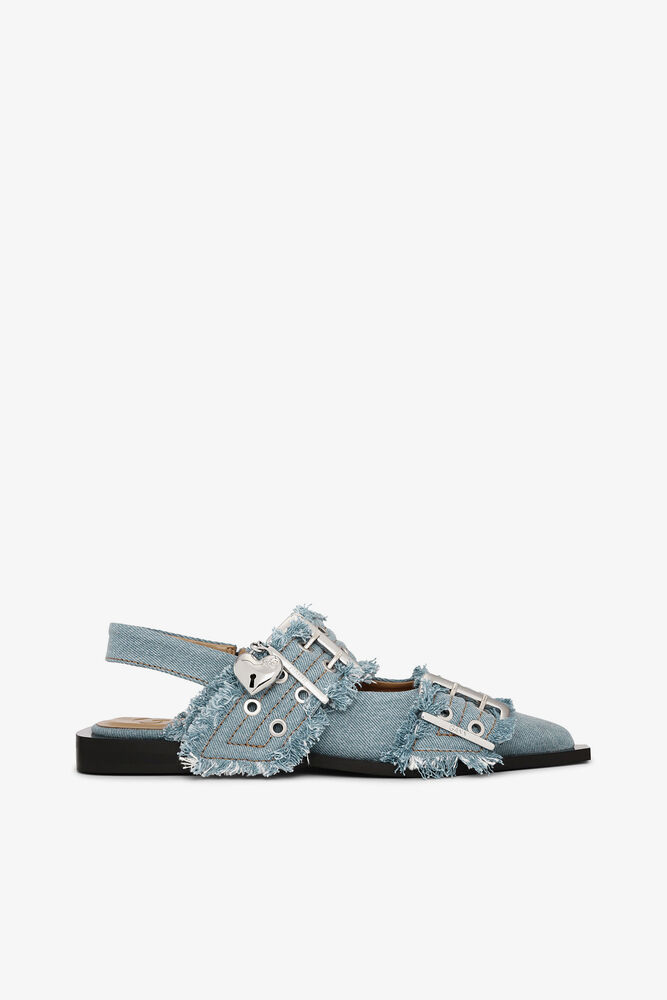 Feminine Buckle Ballerinas in Denim with Charms, Faded Denim