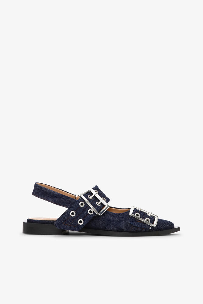 Denim Feminine Buckle Ballerinas, Dark Navy