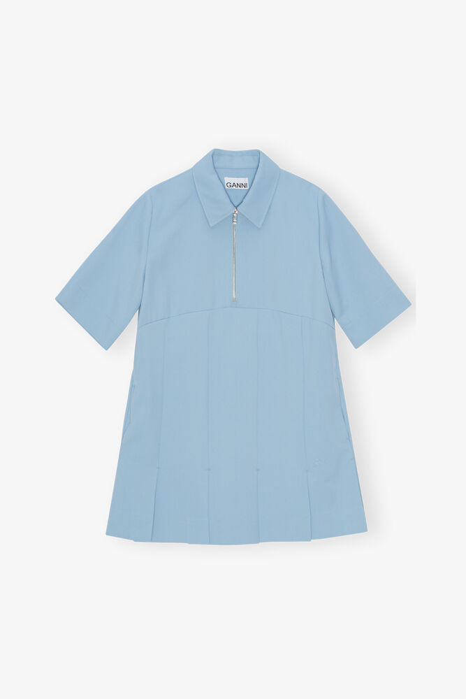 Light Blue Twill Suiting Mini Dress, Dusty Blue