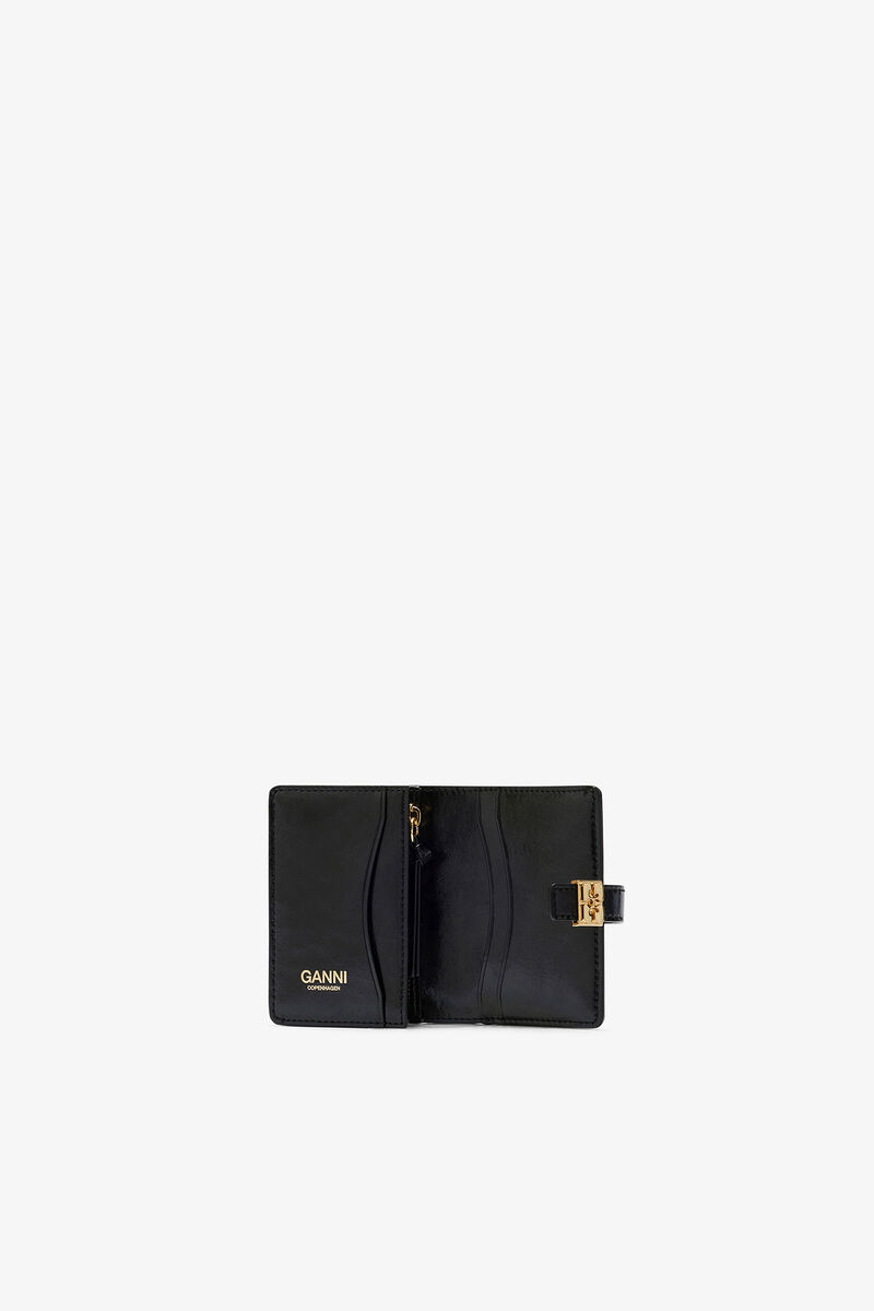 Sue Slim Card Holder With Flap in Black, Recycled Leather, in colour Black - 3 - GANNI