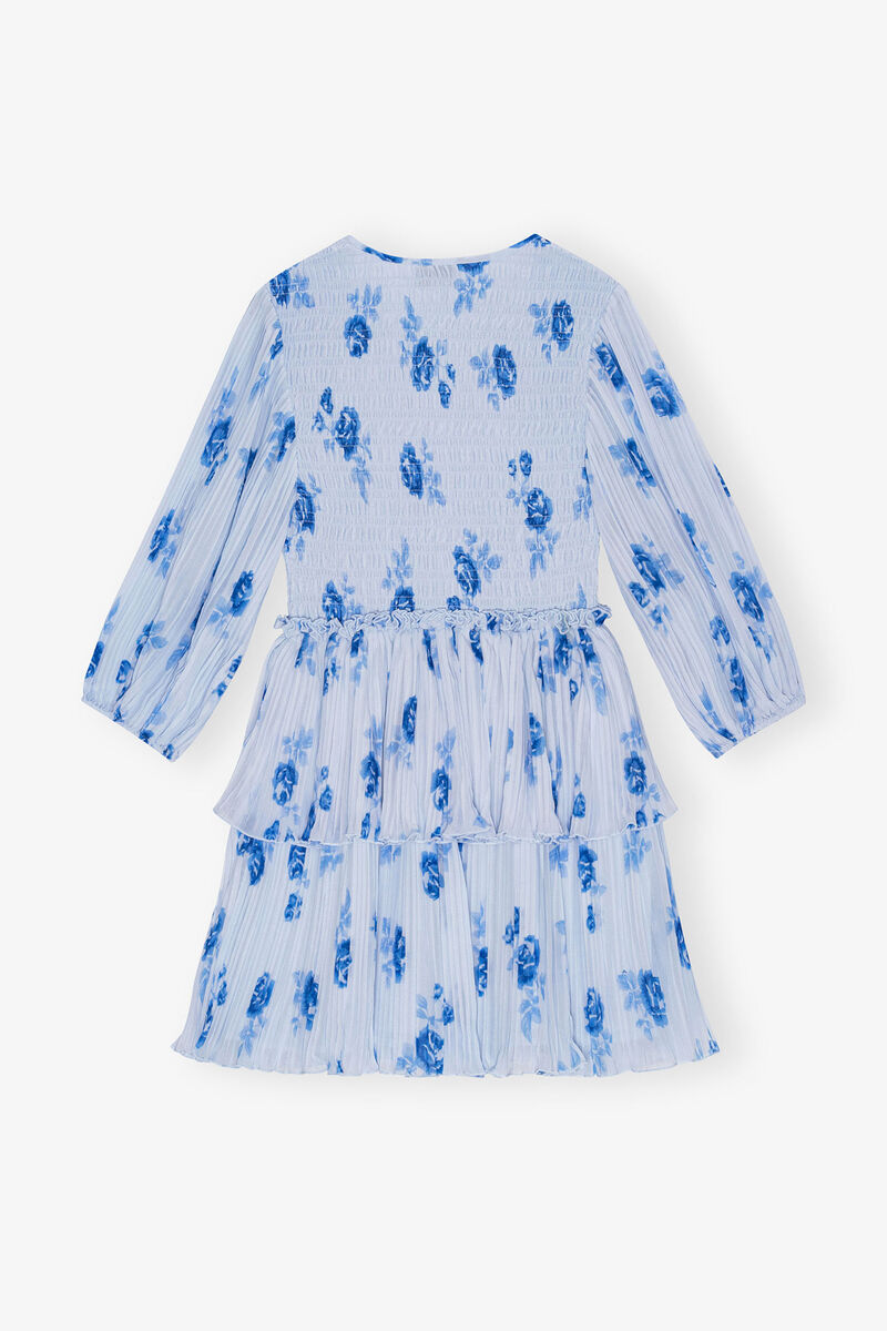 Blue Pleated Georgette Flounce Smock Mini Dress, Recycled Polyester, in colour Heather - 2 - GANNI