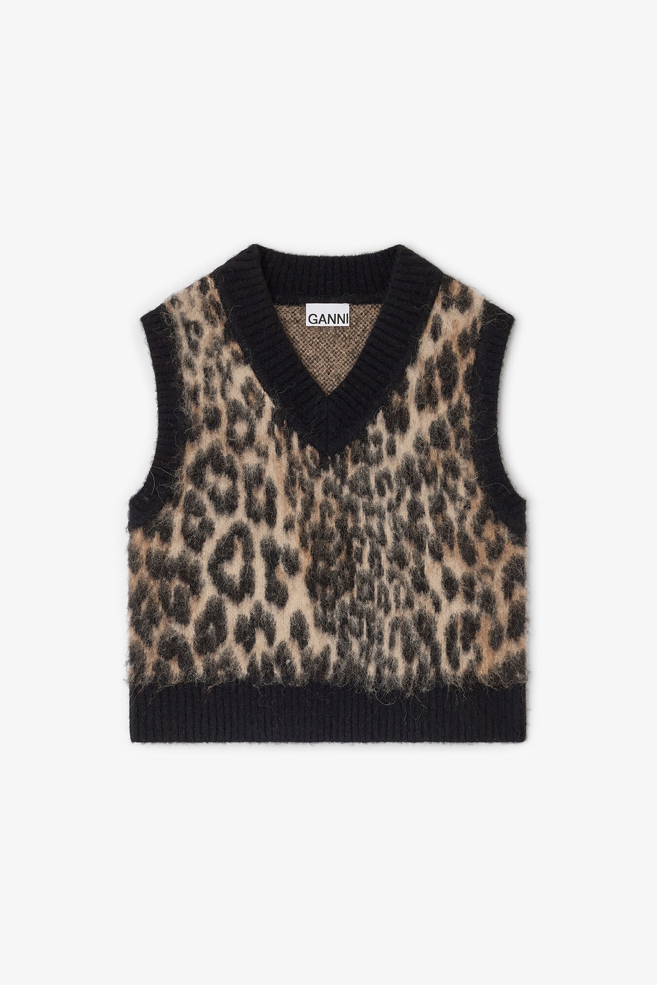 Leopard V-neck Vest, Alpaca, in colour Leopard - 1 - GANNI