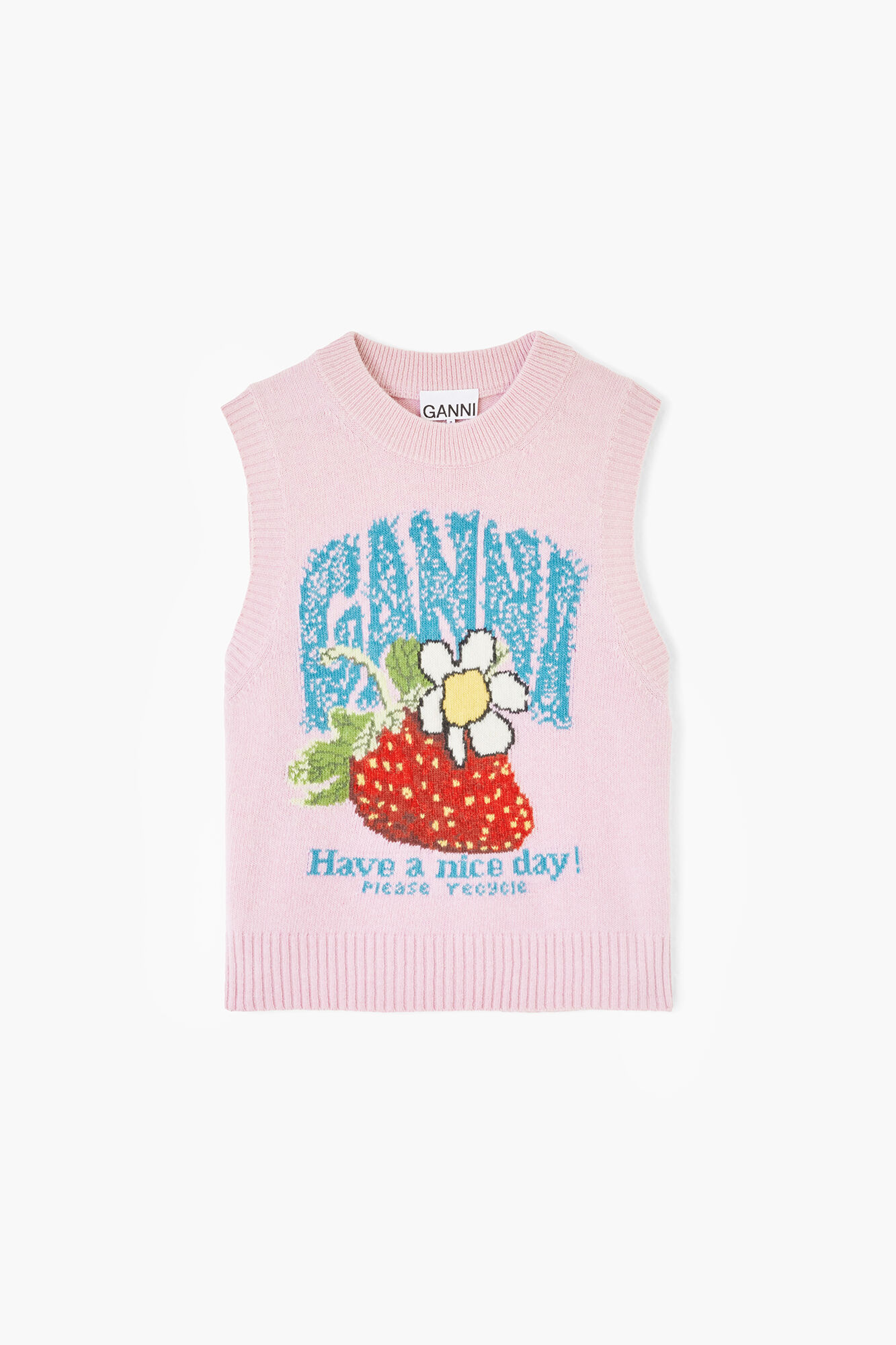Vest with Strawberry, Wool, in colour Chalk Pink - 1 - GANNI