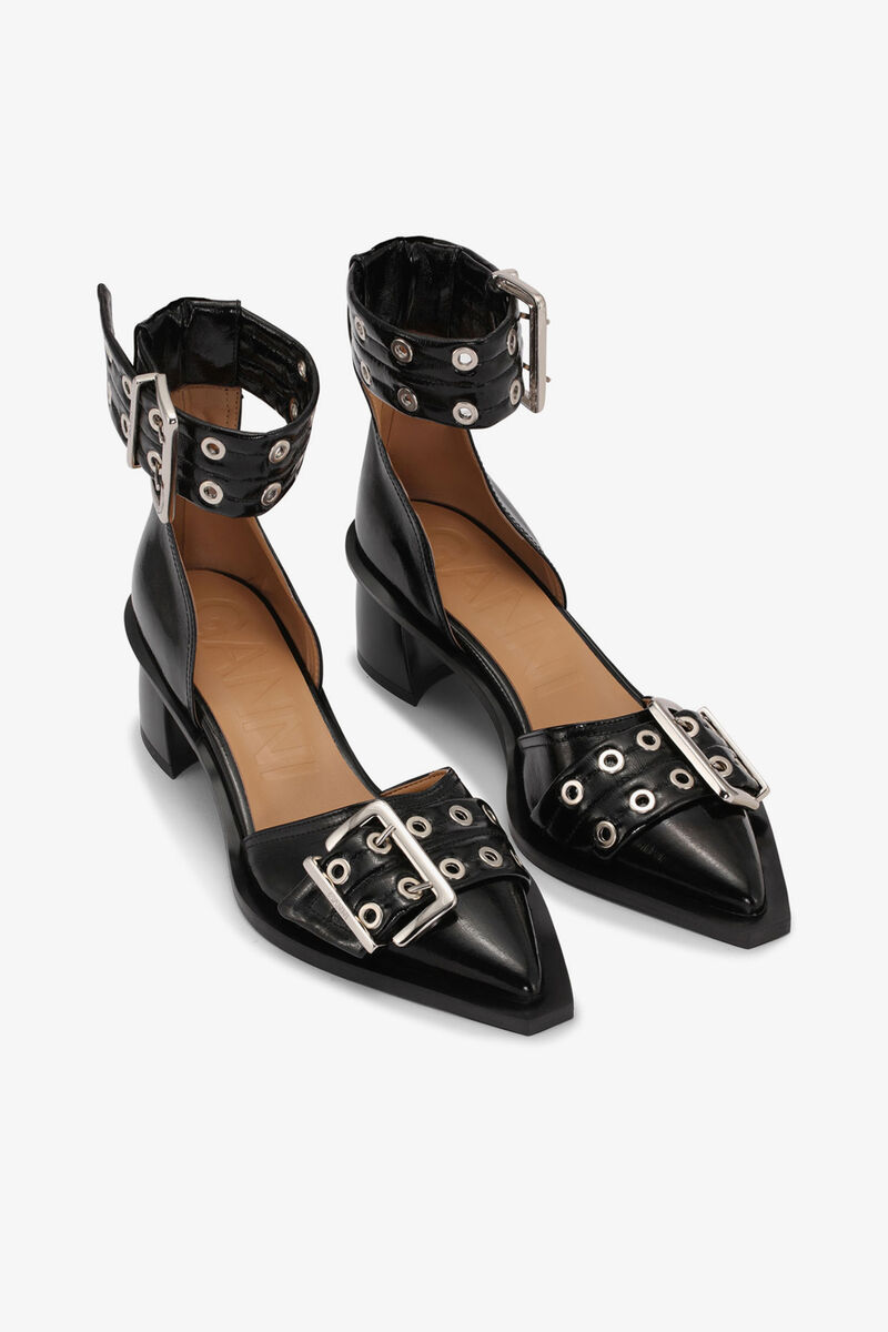 Black Chunky Buckle Open Cut Pumps, Recycled Polyester, in colour Black - 2 - GANNI